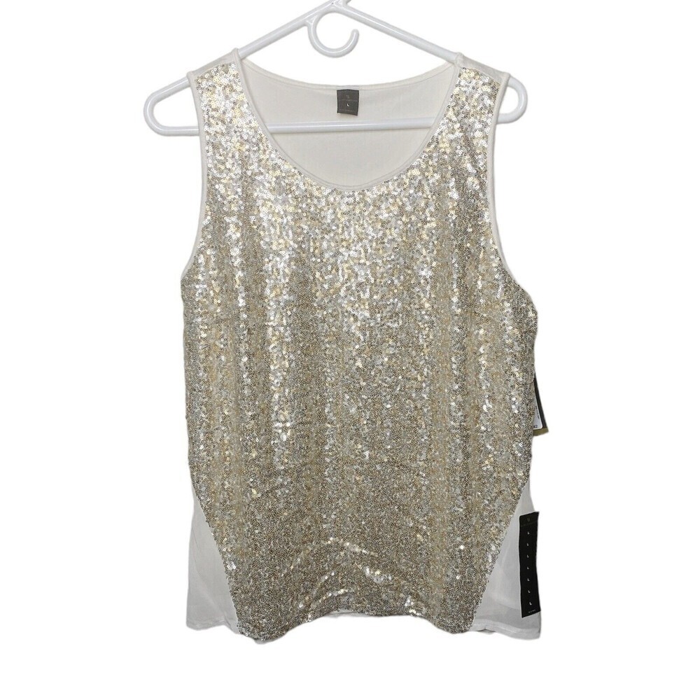 Worthington Womens Sleevele Top Sz L Gold Sequin Holiday Christmas Party